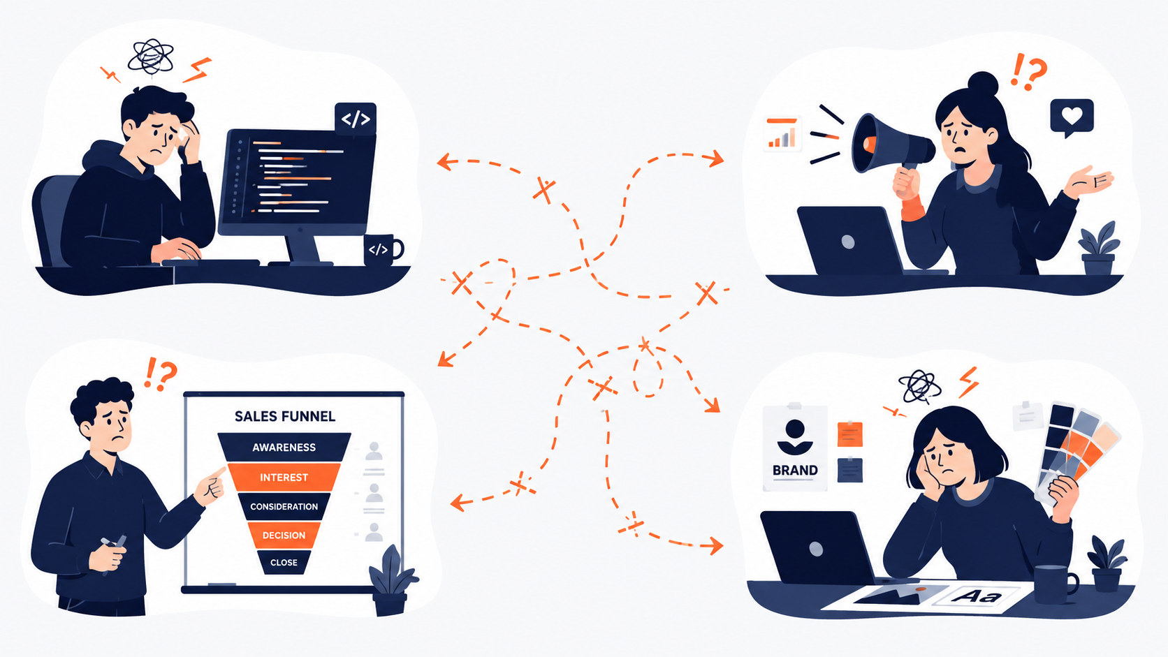 Four isolated specialists: developer, marketer, funnel manager, and brand designer, each frustrated and unable to communicate with each other